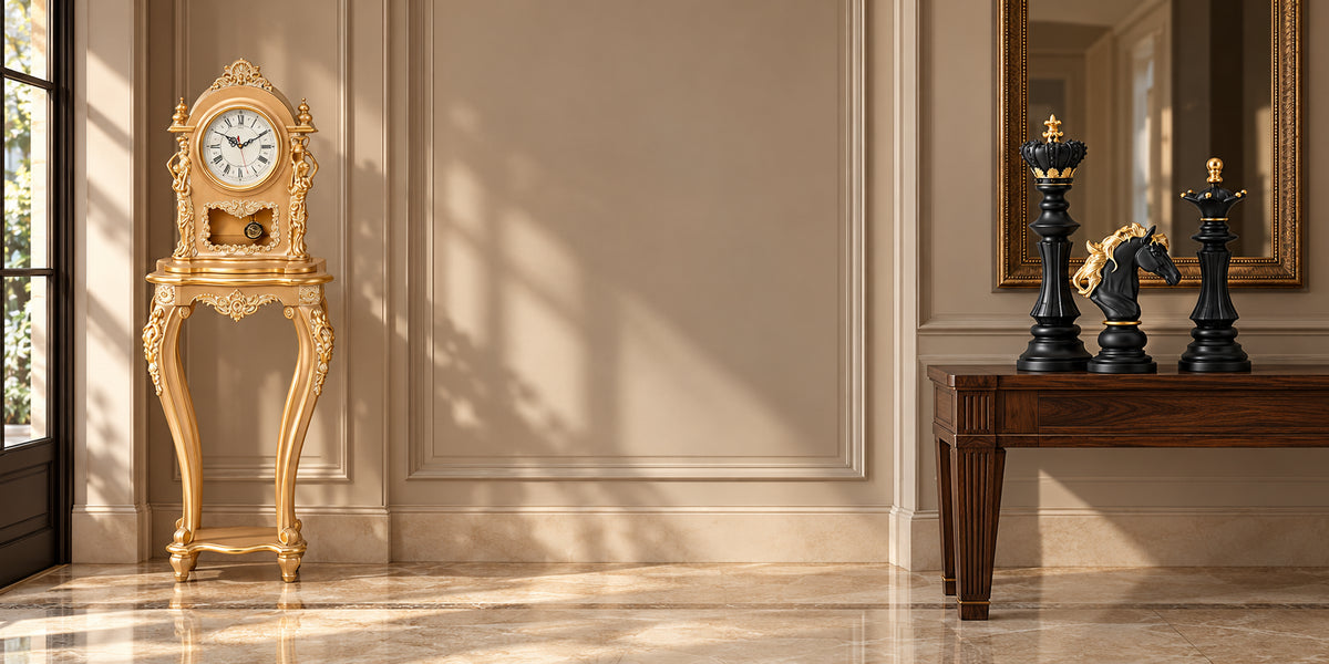 AI-styled interior featuring Melody Royal Clock with Stand AC-1034 and Royal Chess Set AC-1037; illustrative setting and scale.