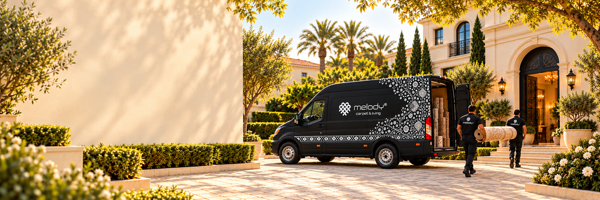 Melody delivery van fully visible beside a villa, with two staff carrying a rug to the entrance.