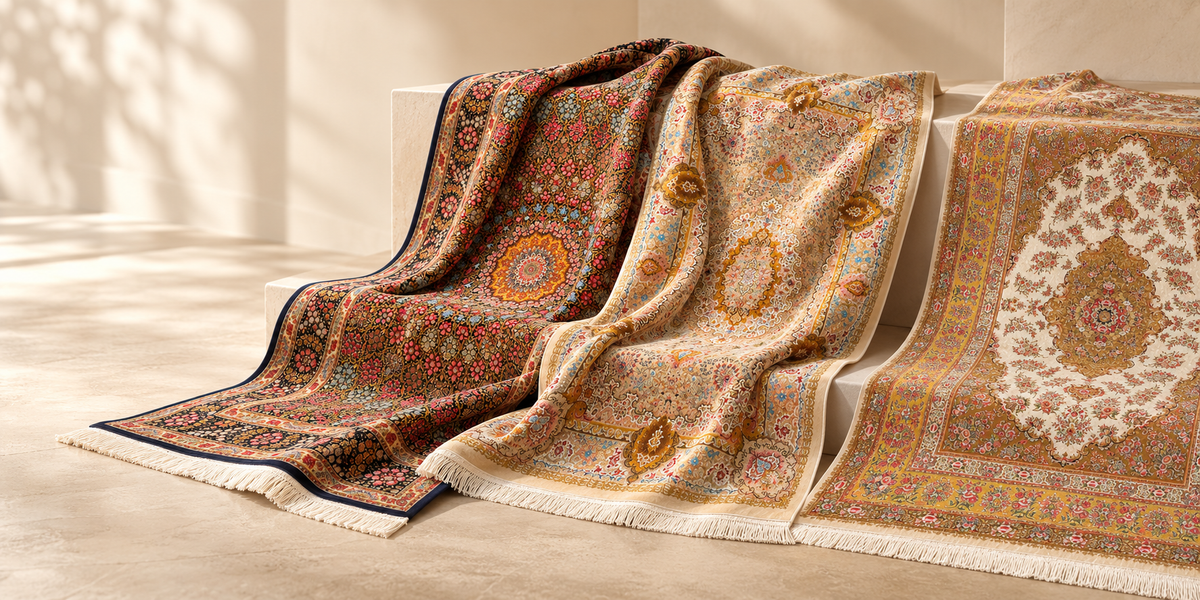 Persian Silk collection: Obsidian, Ivory Crown and Spring Garden rugs arranged on cream display steps. AI-styled collection scene.