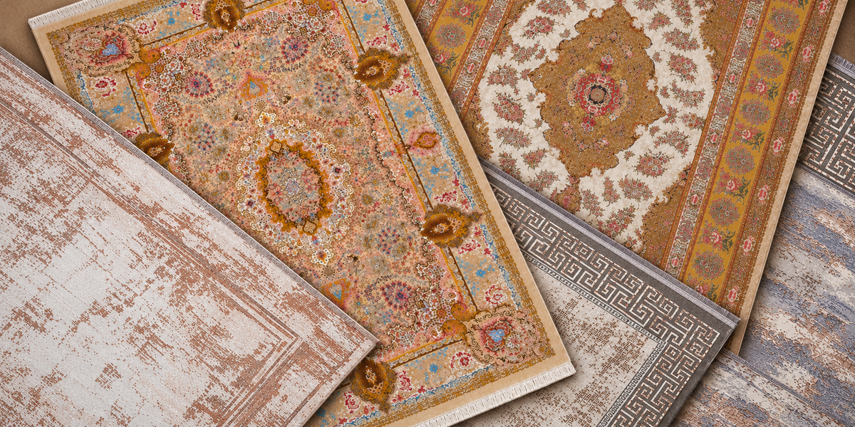 Layered Persian and modern Melody rugs photographed from above