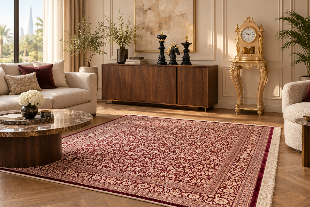 Styled illustration combining Melody All Over Floral handmade rug, Royal Chess Set Black and Royal Clock with Stand Gold; room scale approximate. See original product photographs.