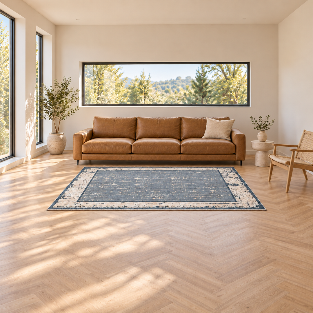 Axis Move carpet in an AI-styled warm minimal room, an illustrative interior visualization. Refer to the original product photograph for rug details.