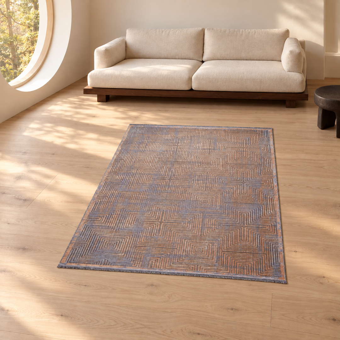 Base Canvas carpet in an AI-styled warm minimal room, an illustrative interior visualization. Refer to the original product photograph for rug details.
