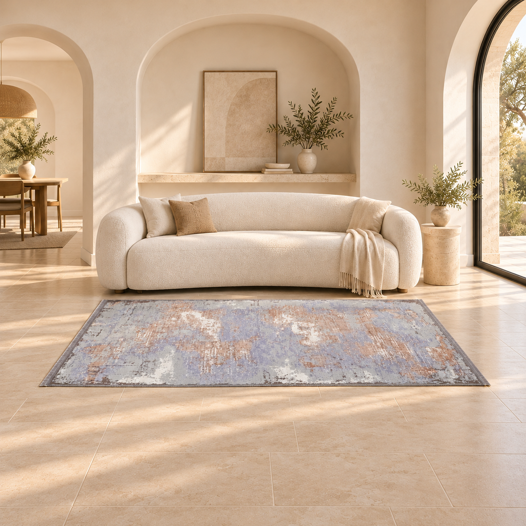 Block Form carpet in a warm minimal living room — AI-generated interior visualization; refer to original product image for exact rug details.