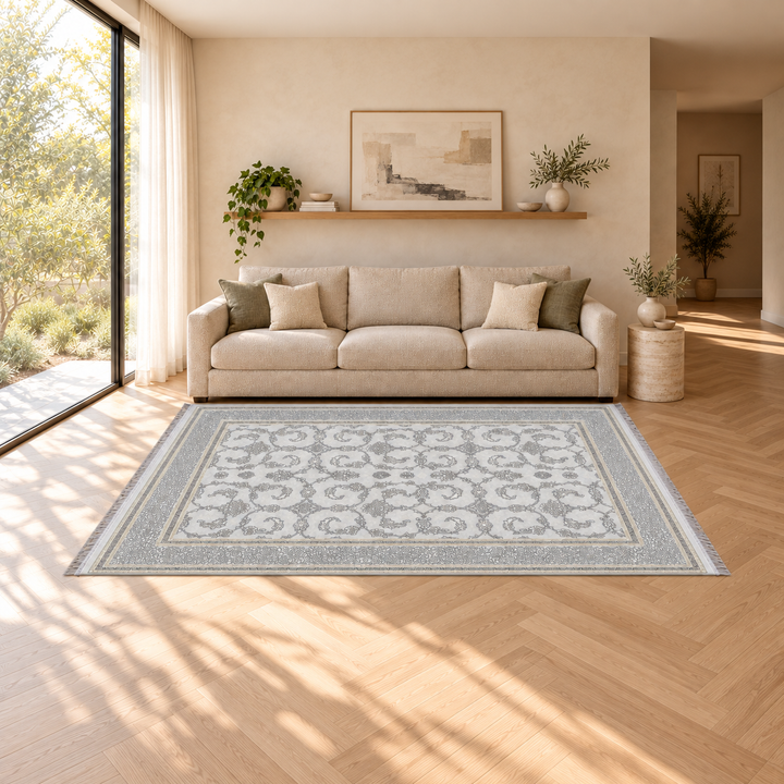 Center Form carpet in an AI-styled warm minimal room with revised scale and alignment; illustrative interior visualization. Refer to the original product photograph for rug details.