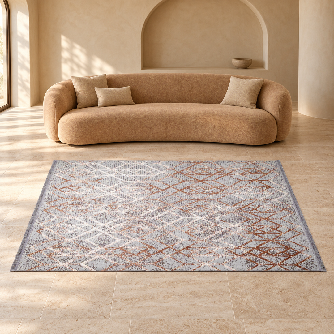 City Layer carpet in an AI-styled warm minimal room, an illustrative interior visualization. Refer to the original product photograph for rug details.