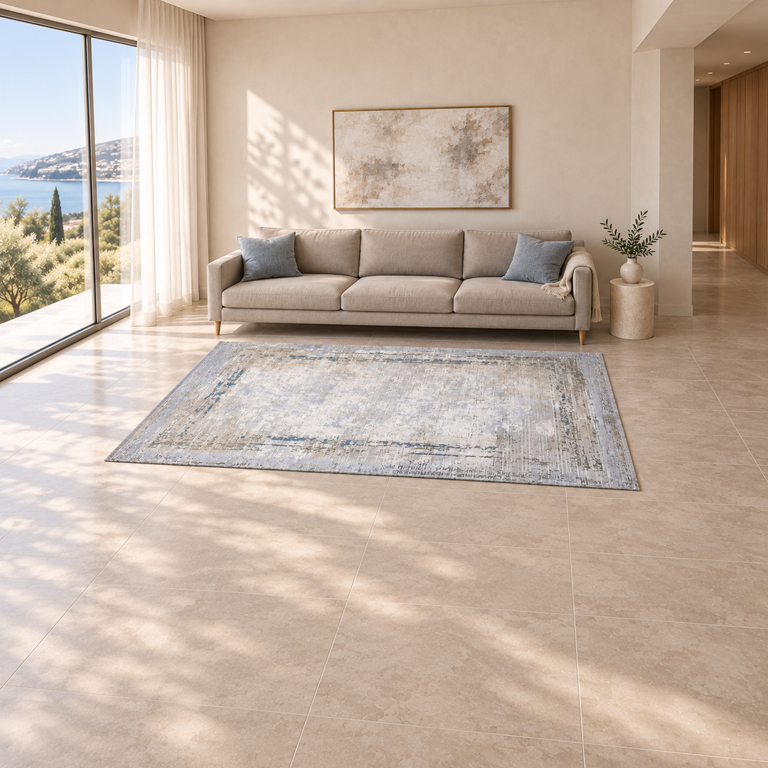 Cloud Form carpet in a warm minimal living room; AI-generated interior visualization. Refer to original product image for exact rug details.