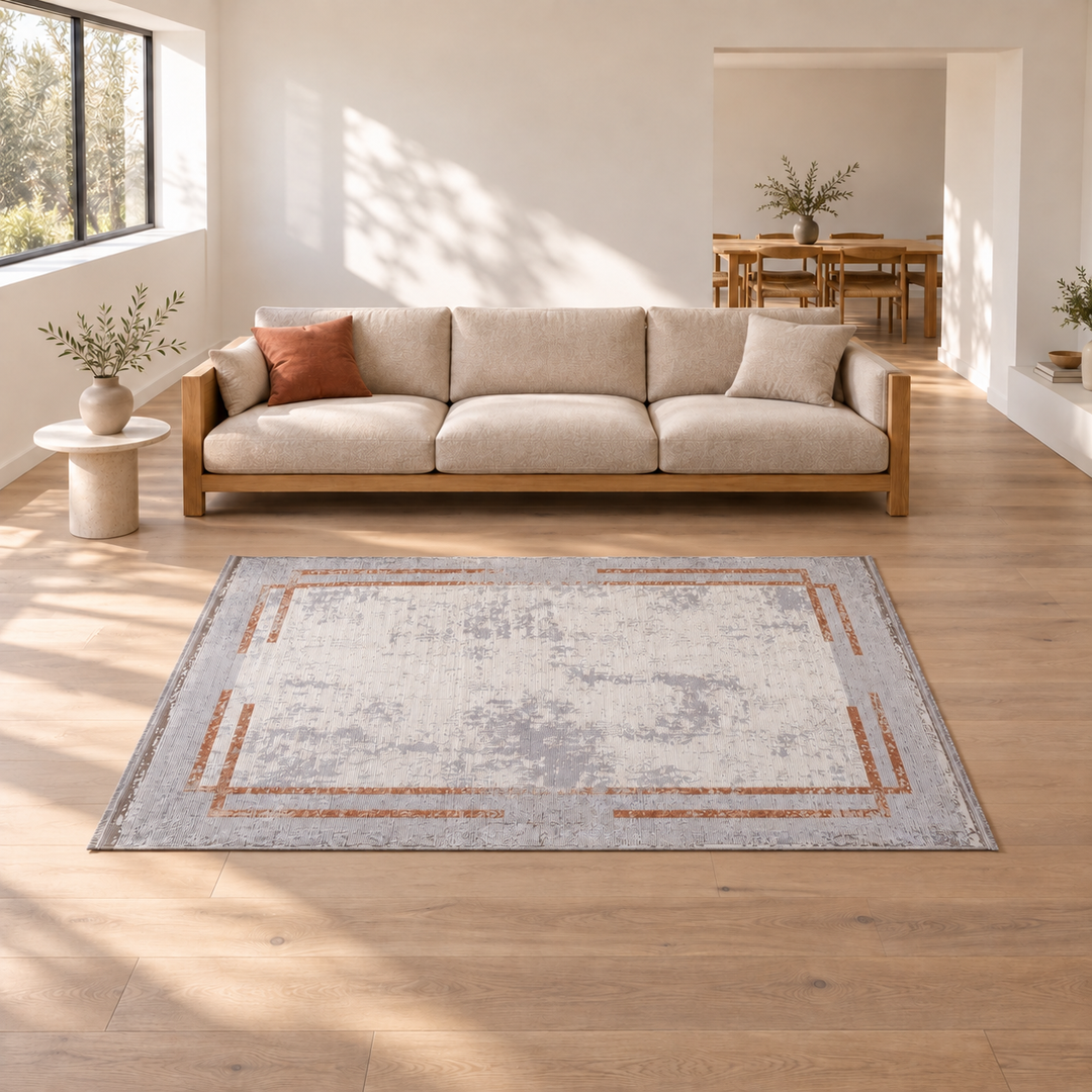 Core Base carpet in an AI-styled warm minimal room, an illustrative interior visualization. Refer to the original product photograph for rug details.