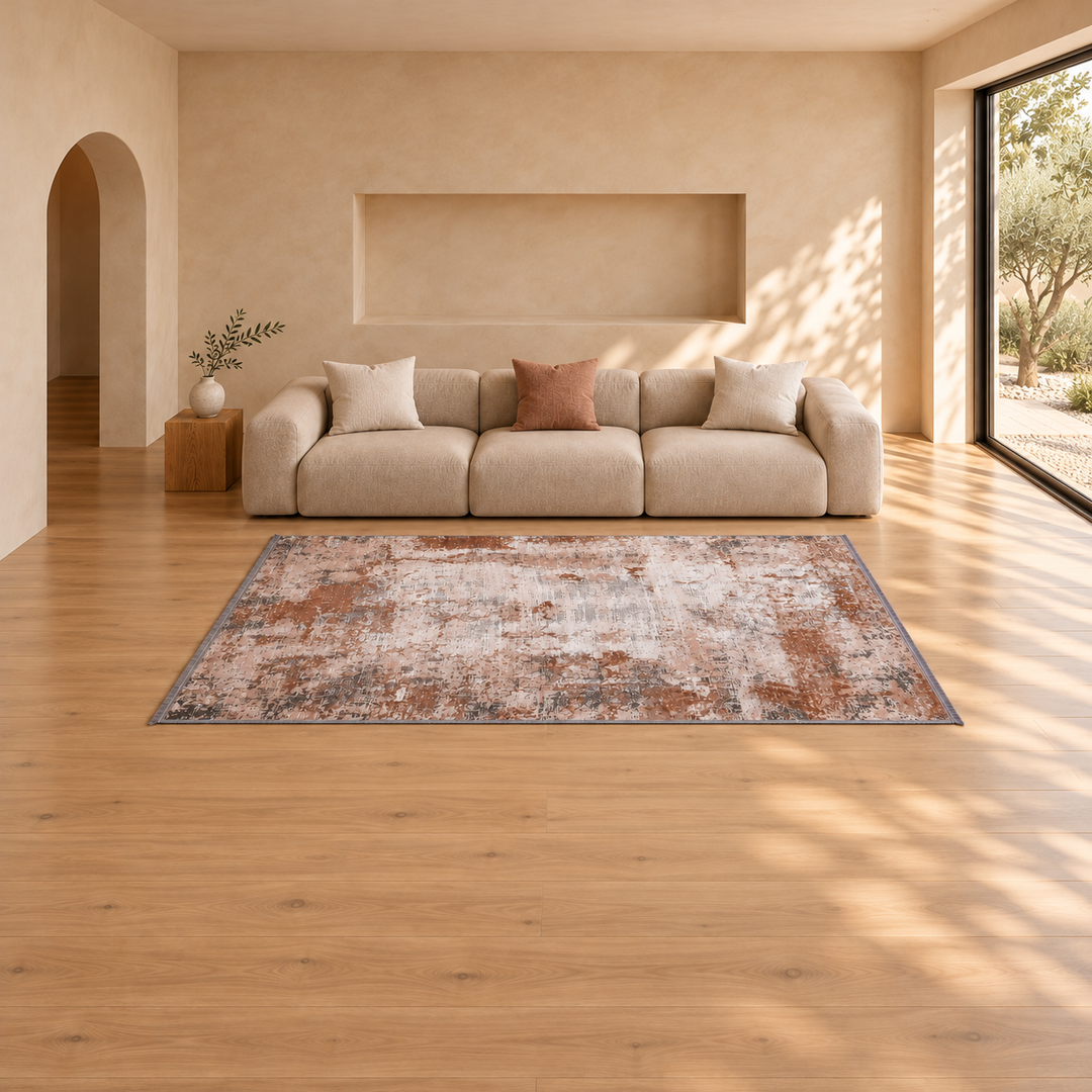 Deep Form carpet in a warm minimal living room; AI-generated interior visualization. Refer to original product image for exact rug details.