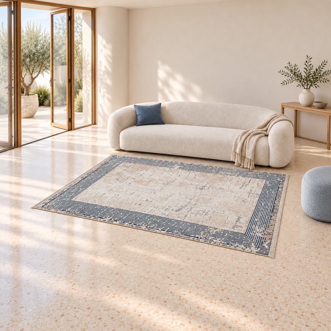 Edge Form carpet in an AI-styled warm minimal room, an illustrative interior visualization. Refer to the original product photograph for rug details.