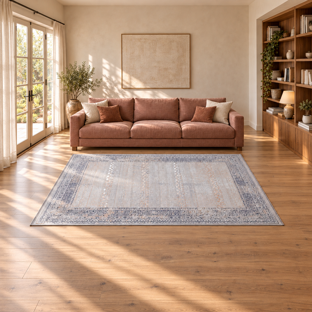Field Structure carpet in an AI-styled warm minimal room with revised scale and alignment; illustrative interior visualization. Refer to the original product photograph for rug details.