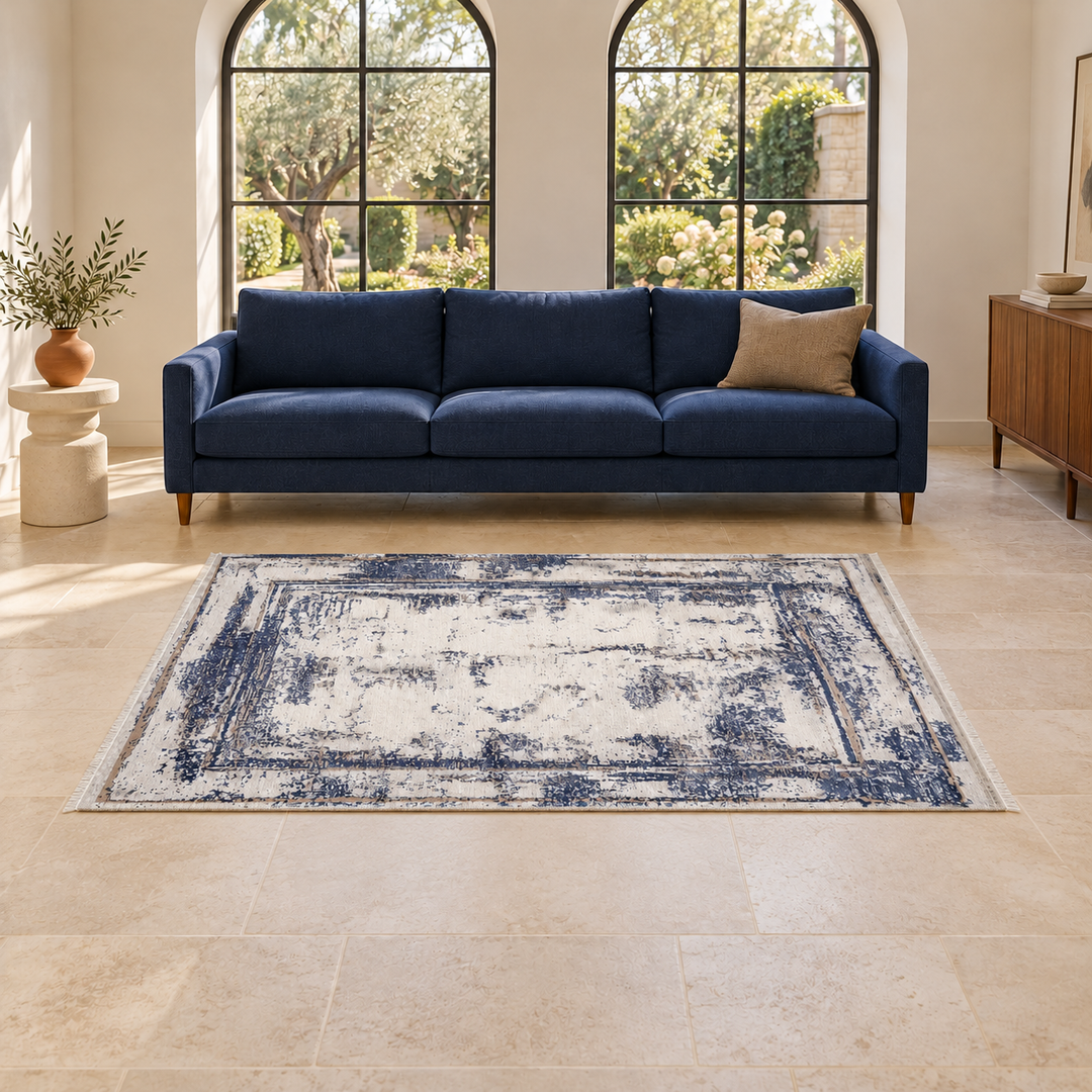 Flat Surface carpet in an AI-styled warm minimal room, an illustrative interior visualization. Refer to the original product photograph for rug details.