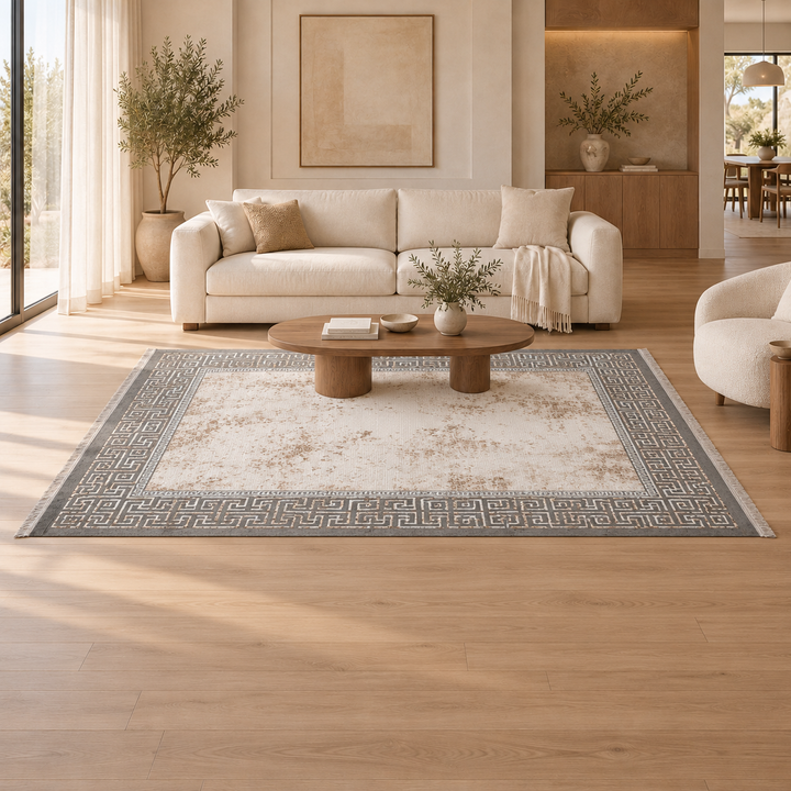 Flow Motion carpet in a warm minimal living room — AI-generated interior visualization; refer to original product image for exact rug details.
