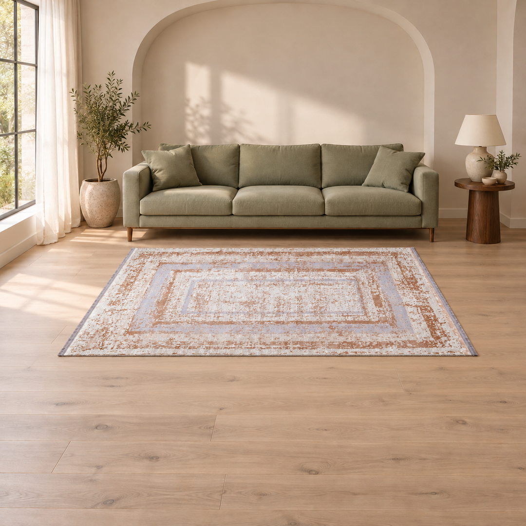 Form Base carpet in an AI-styled warm minimal room, an illustrative interior visualization. Refer to the original product photograph for rug details.