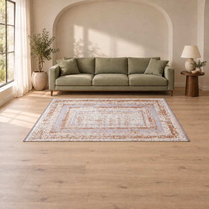 Form Base carpet in an AI-styled warm minimal room, an illustrative interior visualization. Refer to the original product photograph for rug details.