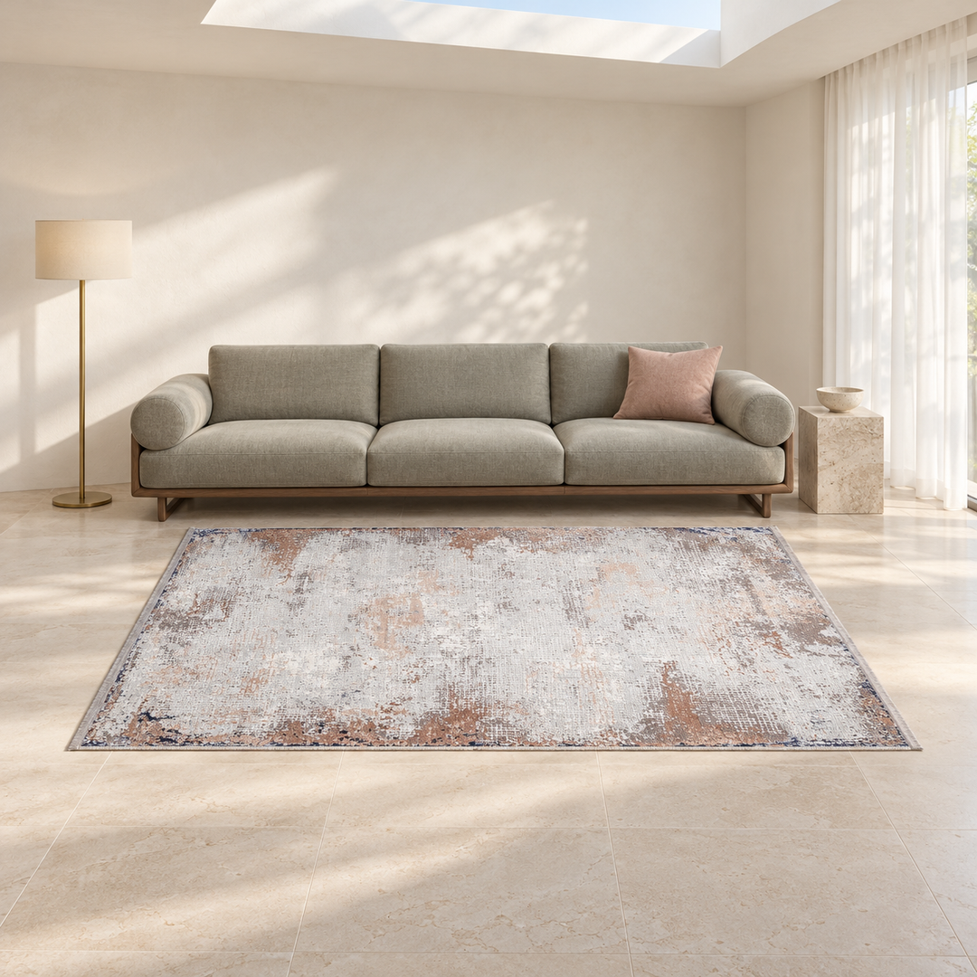 Frame Shift carpet in an AI-styled warm minimal room, an illustrative interior visualization. Refer to the original product photograph for rug details.