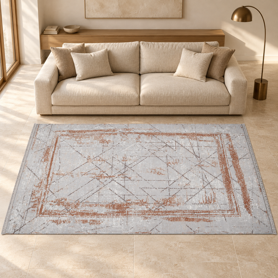 Grid Motif carpet in an AI-styled warm minimal room, an illustrative interior visualization. Refer to the original product photograph for rug details.