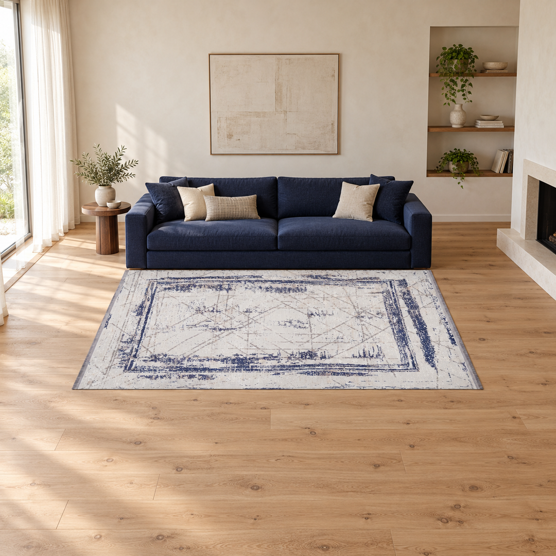 Grid Structure carpet in an AI-styled warm minimal room with revised scale and alignment; illustrative interior visualization. Refer to the original product photograph for rug details.