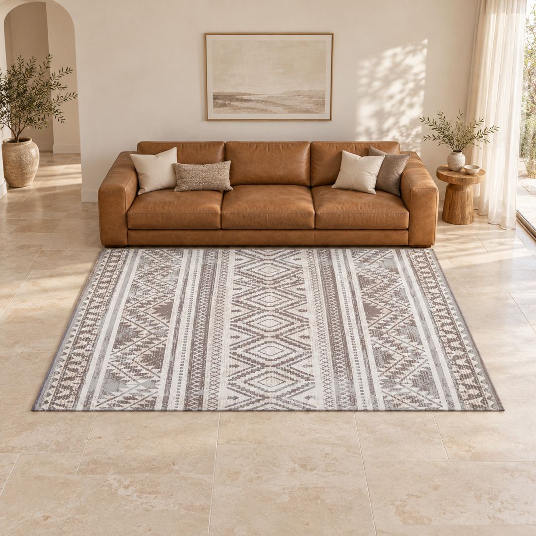 Line Motion carpet in an AI-styled warm minimal room with revised scale and alignment; illustrative interior visualization. Refer to the original product photograph for rug details.