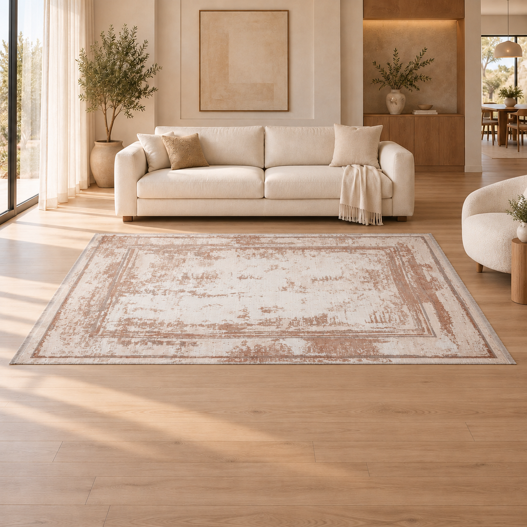 Linear Grid carpet in a warm minimal living room — AI-generated interior visualization; refer to original product image for exact rug details.