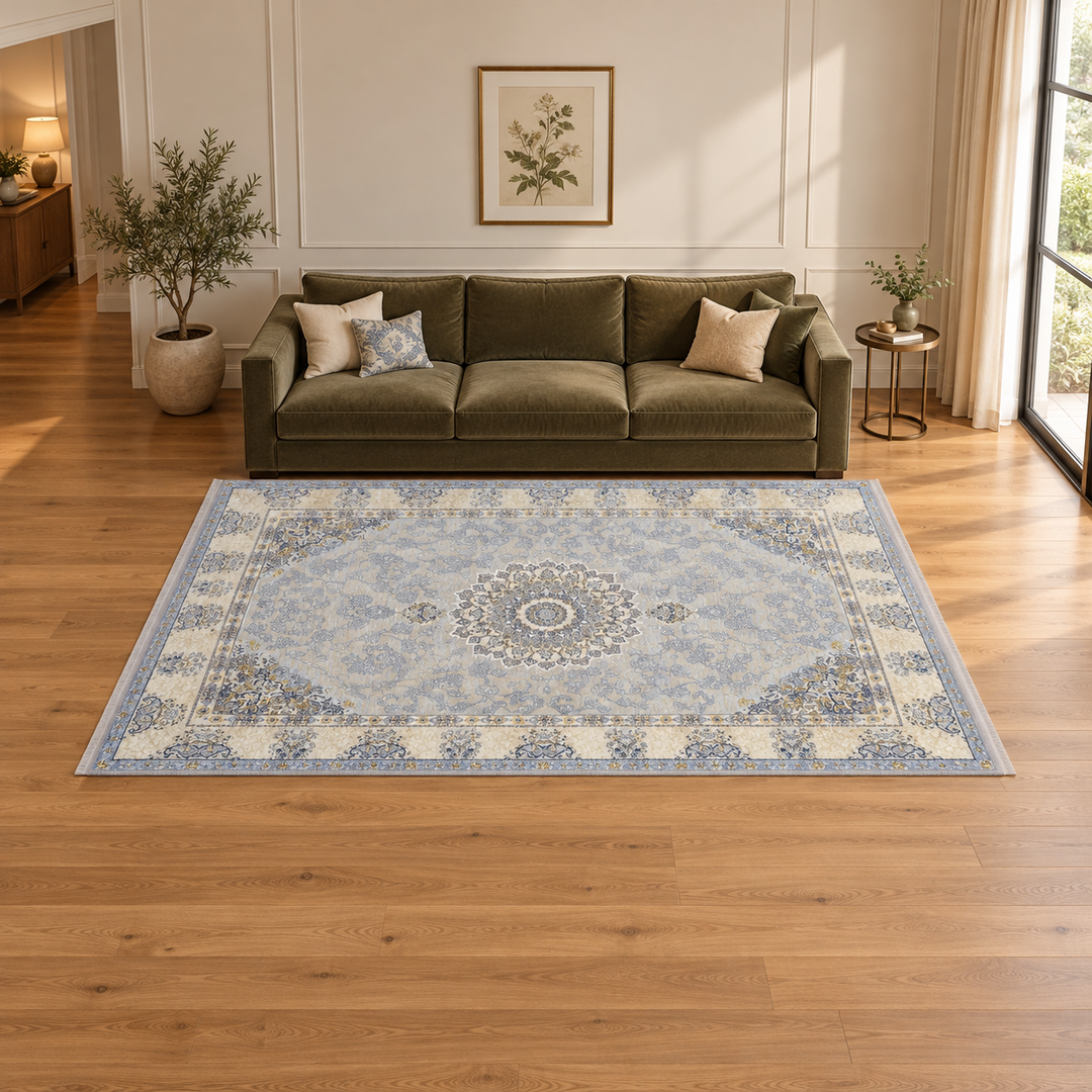 Mesh Structure carpet in an AI-styled warm minimal room with revised scale and alignment; illustrative interior visualization. Refer to the original product photograph for rug details.