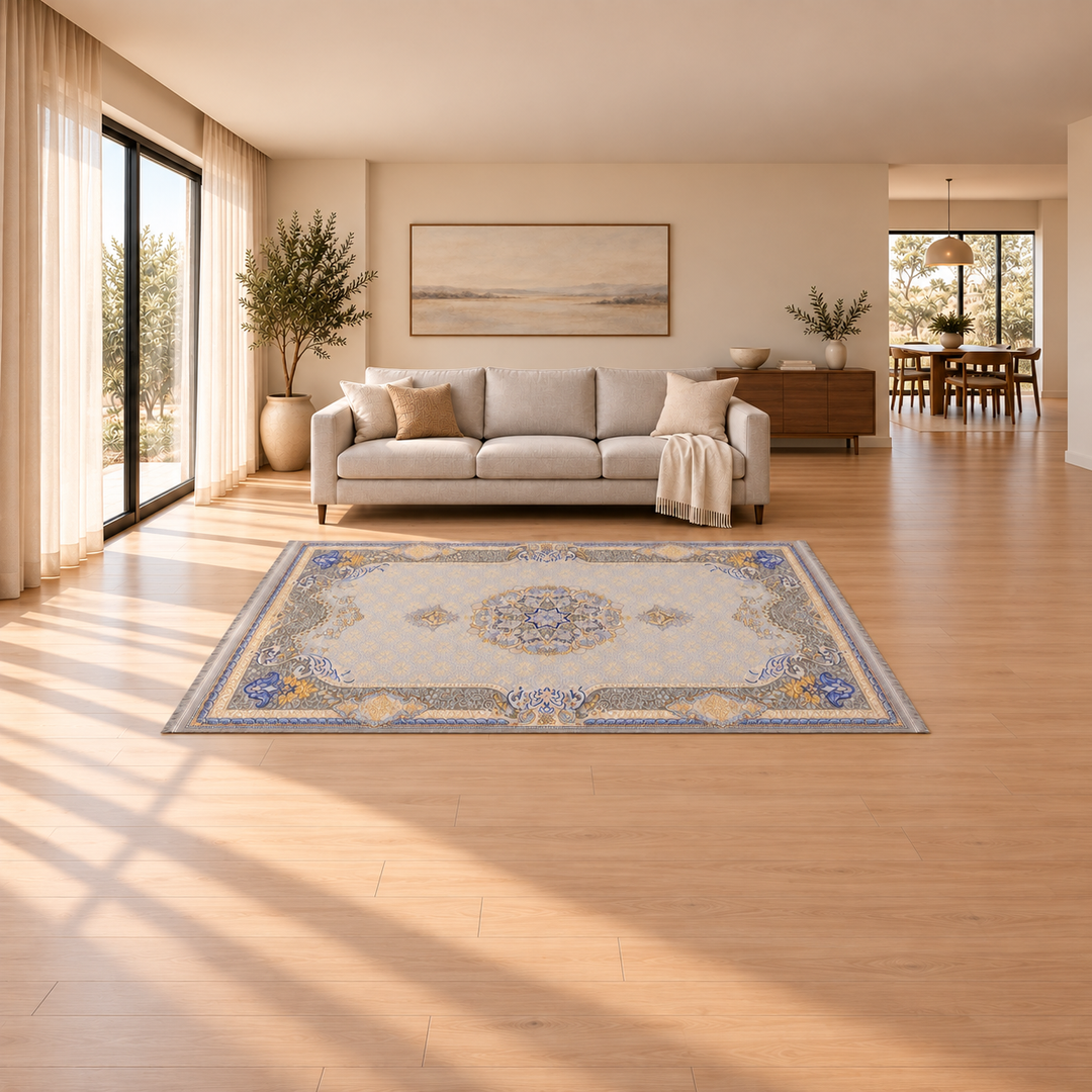 Metal Form carpet in an AI-styled warm minimal room with revised scale and alignment; illustrative interior visualization. Refer to the original product photograph for rug details.
