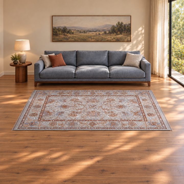 Metal Trace carpet in an AI-styled warm minimal room with revised scale and alignment; illustrative interior visualization. Refer to the original product photograph for rug details.