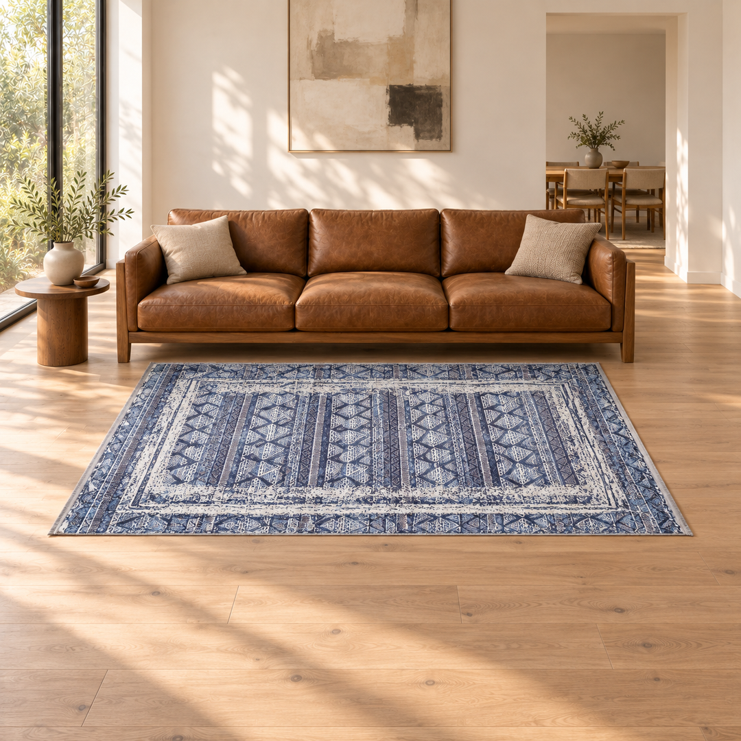 Modular Grid carpet in an AI-styled warm minimal room with revised scale and alignment; illustrative interior visualization. Refer to the original product photograph for rug details.