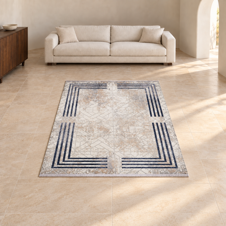 Open Field carpet in an AI-styled warm minimal room, an illustrative interior visualization. Refer to the original product photograph for rug details.