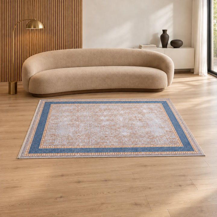 Panel Form carpet in an AI-styled warm minimal room, an illustrative interior visualization. Refer to the original product photograph for rug details.