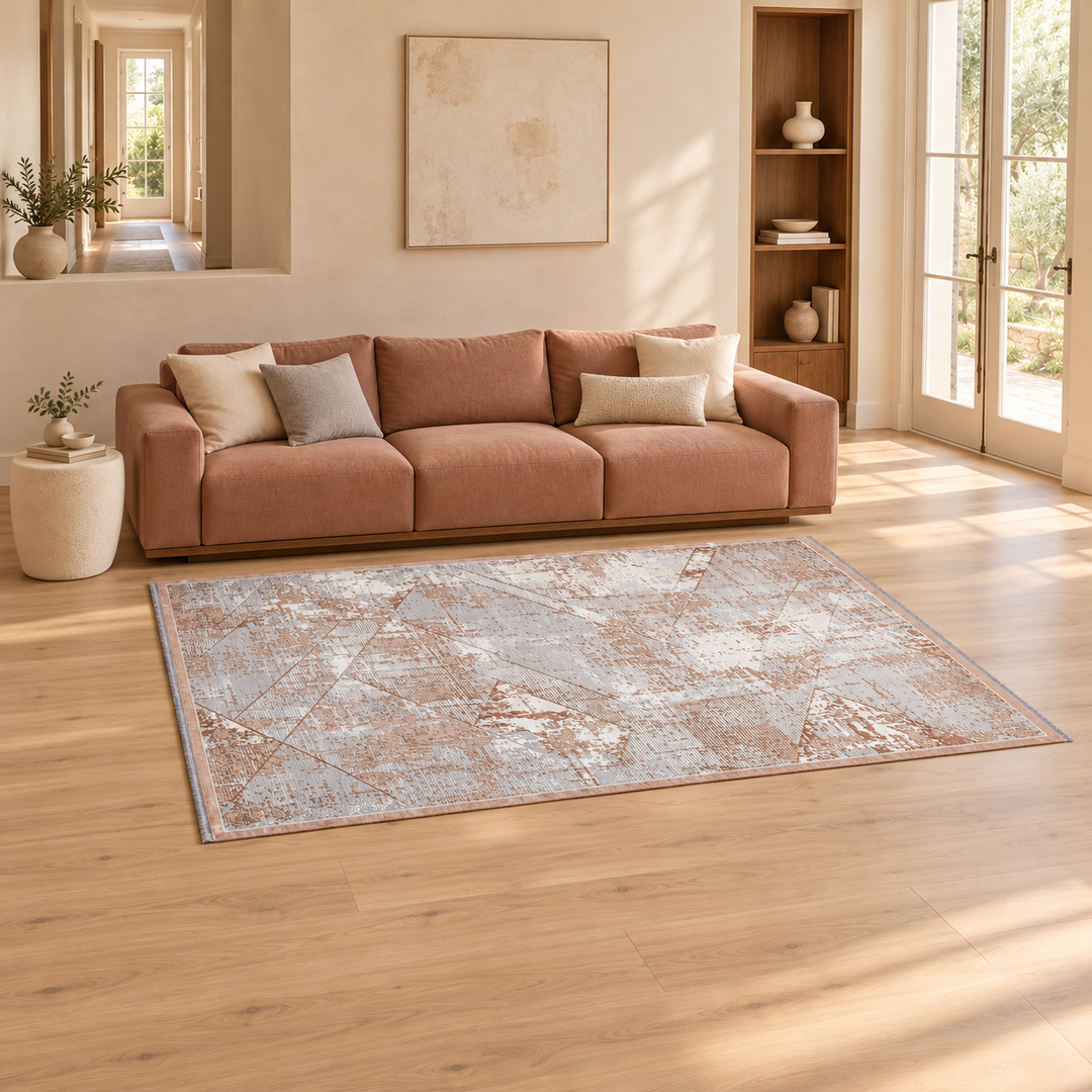 Panel Shift carpet in an AI-styled warm minimal room, an illustrative interior visualization. Refer to the original product photograph for rug details.