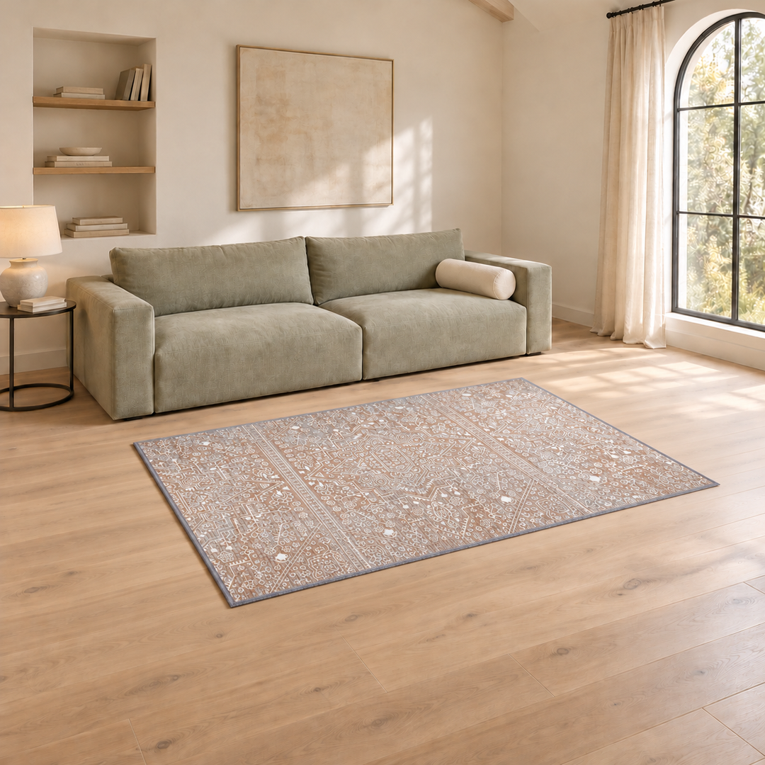 Path Form carpet in an AI-styled warm minimal room, an illustrative interior visualization. Colors and appearance may vary; refer to the original product photograph for rug details.