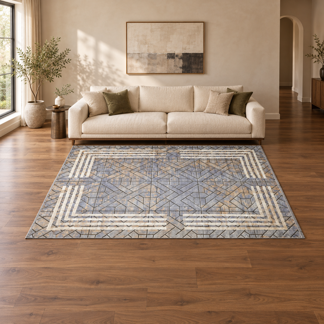 Path Line carpet in an AI-styled warm minimal room with revised scale and alignment; illustrative interior visualization. Refer to the original product photograph for rug details.