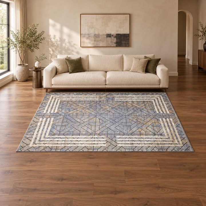 Path Line carpet in an AI-styled warm minimal room with revised scale and alignment; illustrative interior visualization. Refer to the original product photograph for rug details.