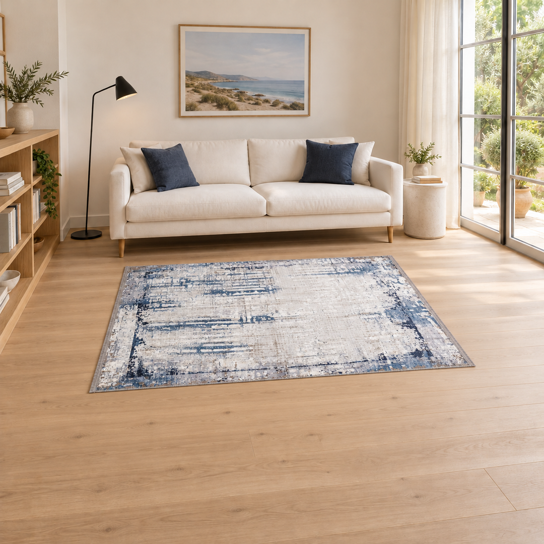 Plane Shift carpet in an AI-styled warm minimal room, an illustrative interior visualization. Refer to the original product photograph for rug details.