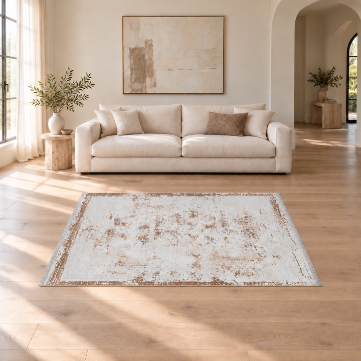 Pure Structure carpet in an AI-styled warm minimal room, an illustrative interior visualization. Refer to the original product photograph for rug details.