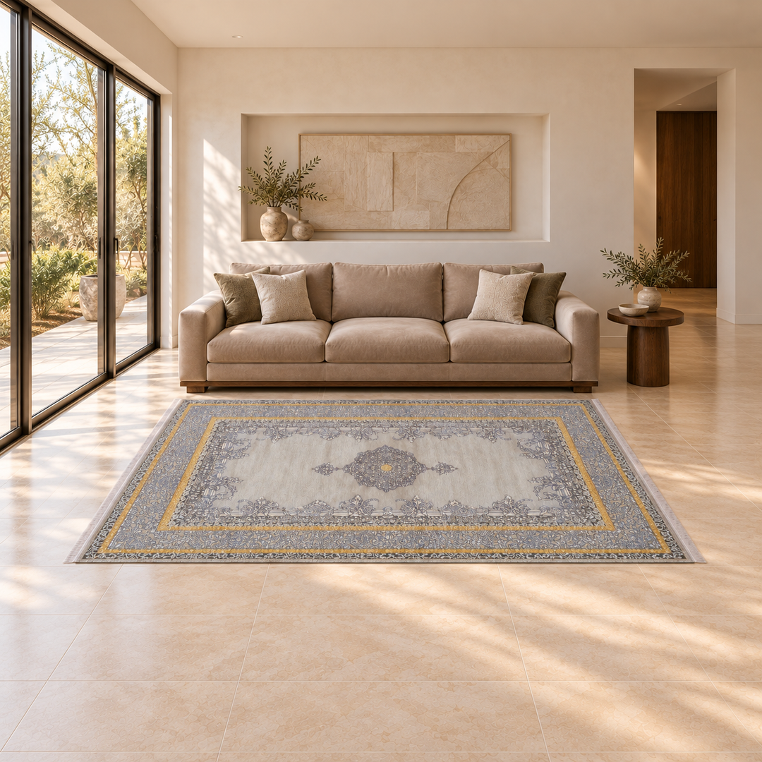 Soft Motion carpet in an AI-styled warm minimal room with revised scale and alignment; illustrative interior visualization. Refer to the original product photograph for rug details.