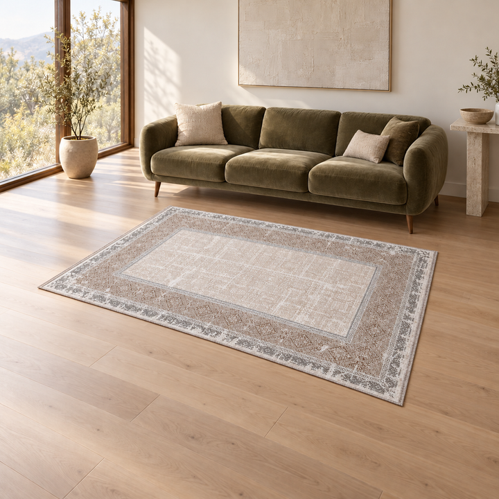 Soft Plane carpet in an AI-styled warm minimal room, an illustrative interior visualization. Refer to the original product photograph for rug details.