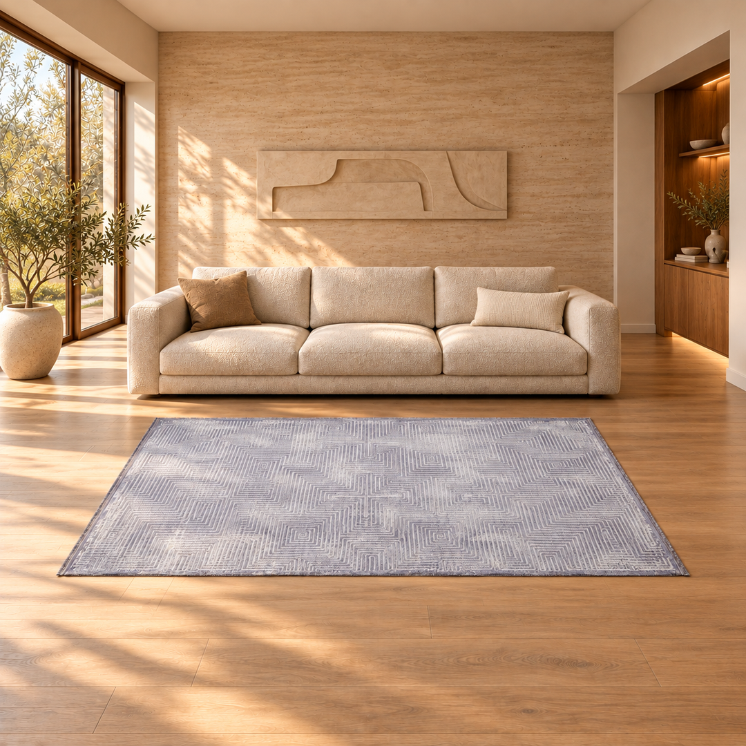 Soft Structure carpet in an AI-styled warm minimal room with revised scale and alignment; illustrative interior visualization. Refer to the original product photograph for rug details.