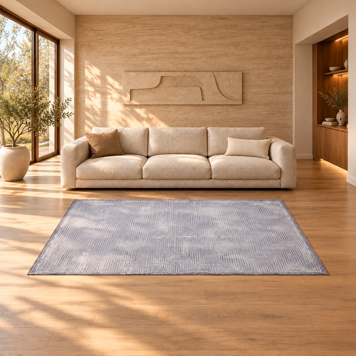 Soft Structure carpet in an AI-styled warm minimal room with revised scale and alignment; illustrative interior visualization. Refer to the original product photograph for rug details.
