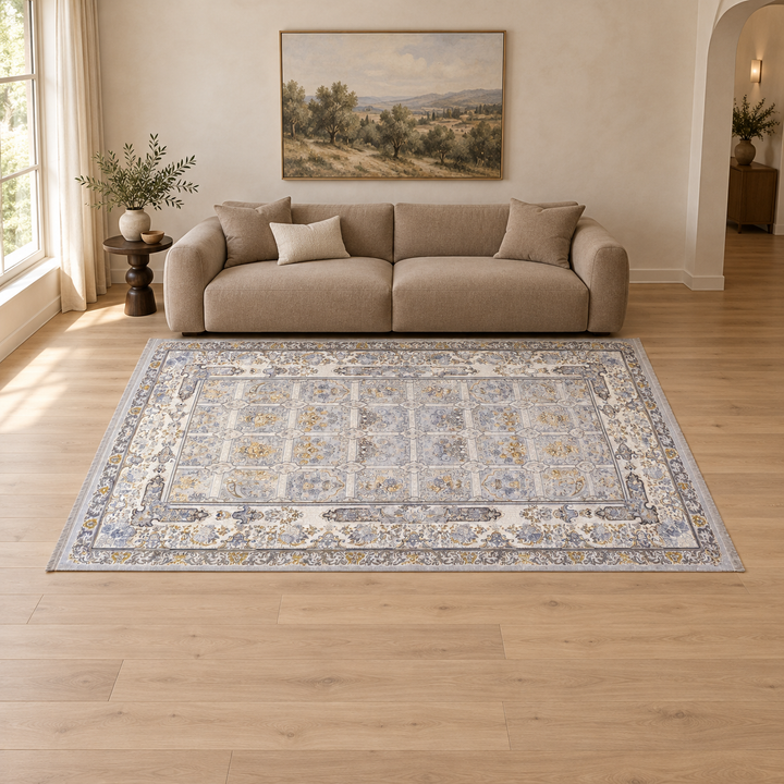 Solid Core carpet in an AI-styled warm minimal room with revised scale and alignment; illustrative interior visualization. Refer to the original product photograph for rug details.