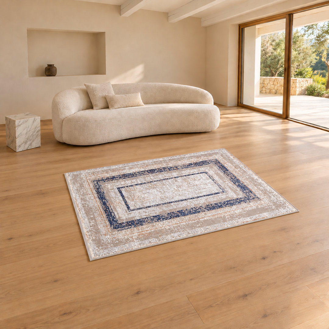 Solid Plane carpet in an AI-styled warm minimal room, an illustrative interior visualization. Refer to the original product photograph for rug details.