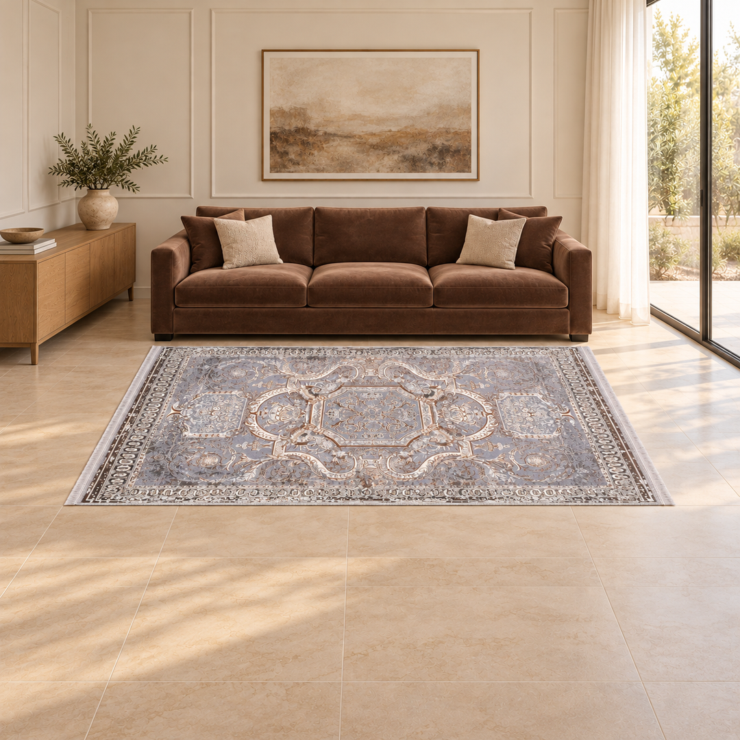 Steel Flow carpet in an AI-styled warm minimal room with revised scale and alignment; illustrative interior visualization. Refer to the original product photograph for rug details.