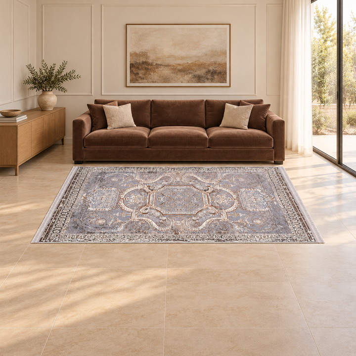 Steel Flow carpet in an AI-styled warm minimal room with revised scale and alignment; illustrative interior visualization. Refer to the original product photograph for rug details.