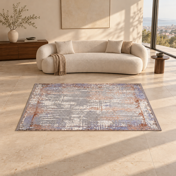 Structure Base carpet in an AI-styled warm minimal room, an illustrative interior visualization. Refer to the original product photograph for rug details.