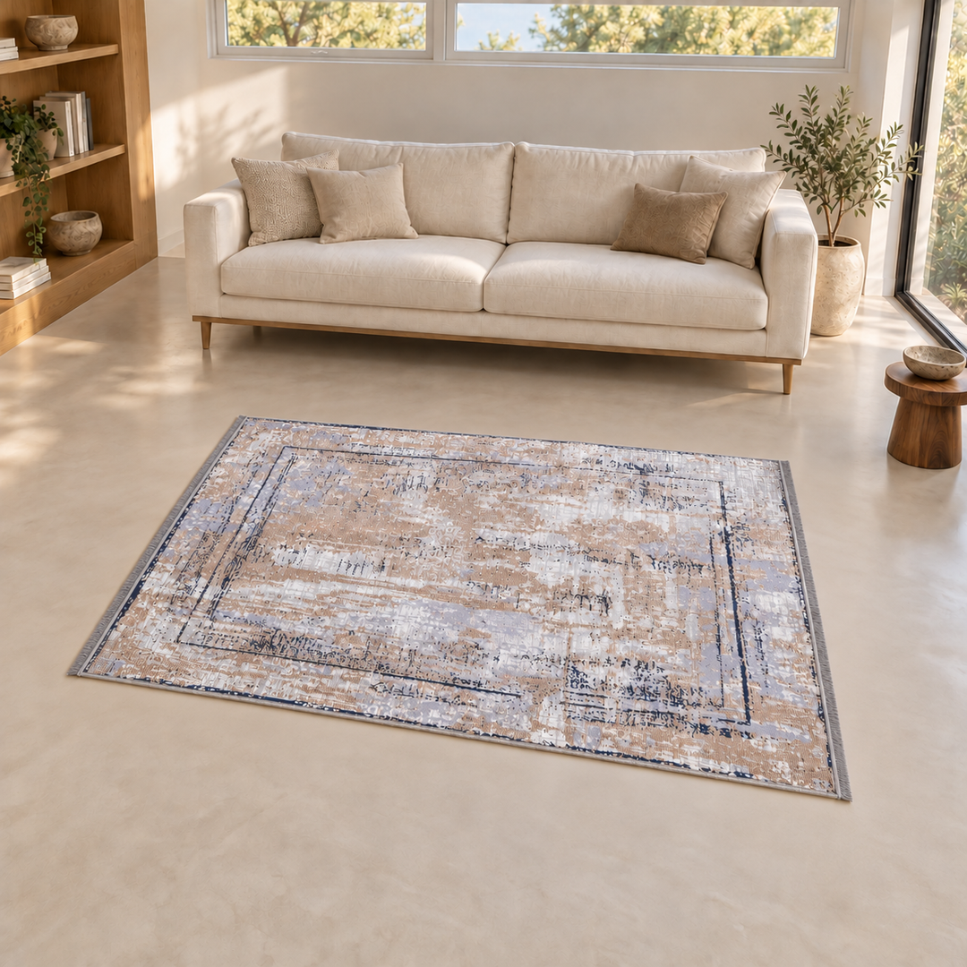 Texture Flow carpet in an AI-styled warm minimal room, an illustrative interior visualization. Refer to the original product photograph for rug details.