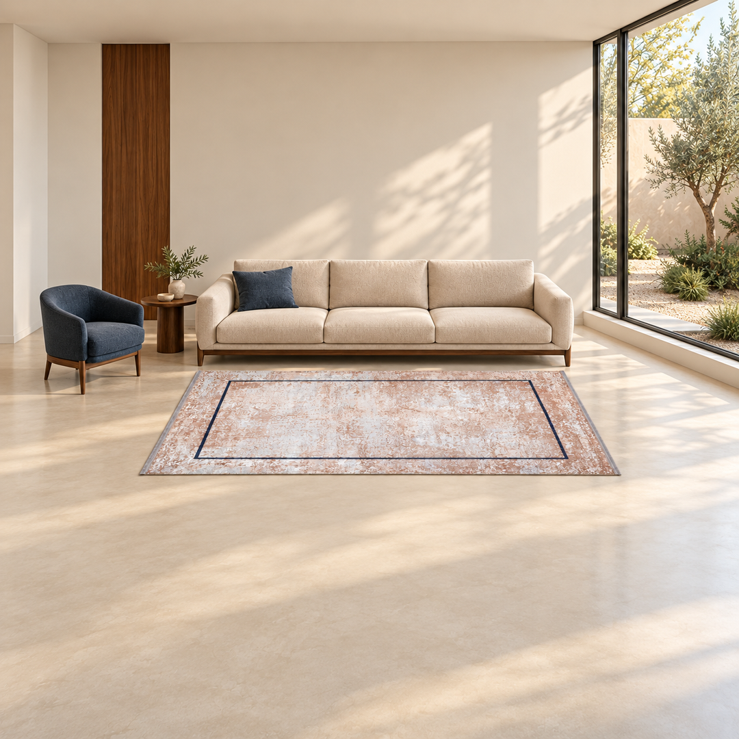 Urban Trace carpet in a warm minimal living room; AI-generated interior visualization. Refer to original product image for exact rug details.