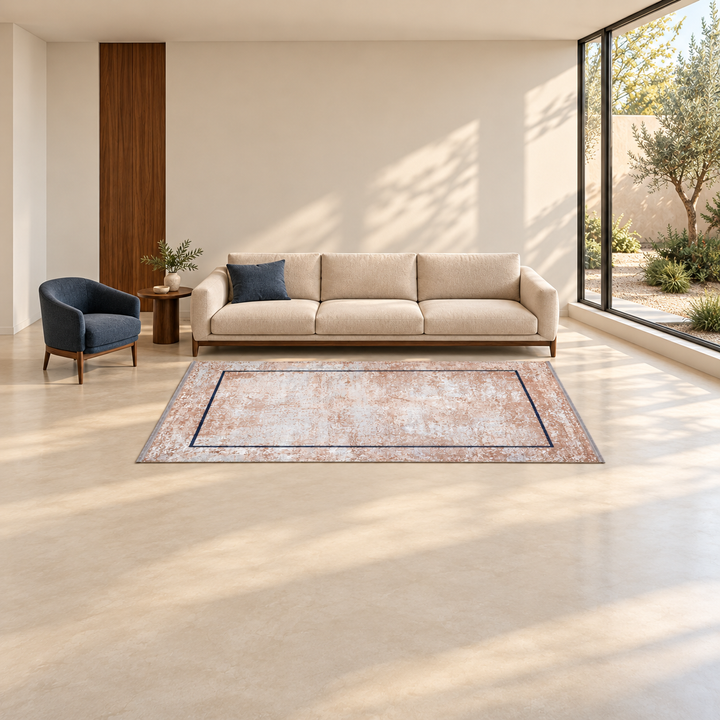 Urban Trace carpet in a warm minimal living room; AI-generated interior visualization. Refer to original product image for exact rug details.