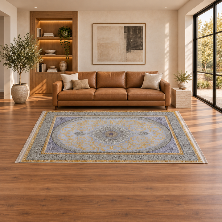 Wide Motion carpet in an AI-styled warm minimal room with revised scale and alignment; illustrative interior visualization. Refer to the original product photograph for rug details.