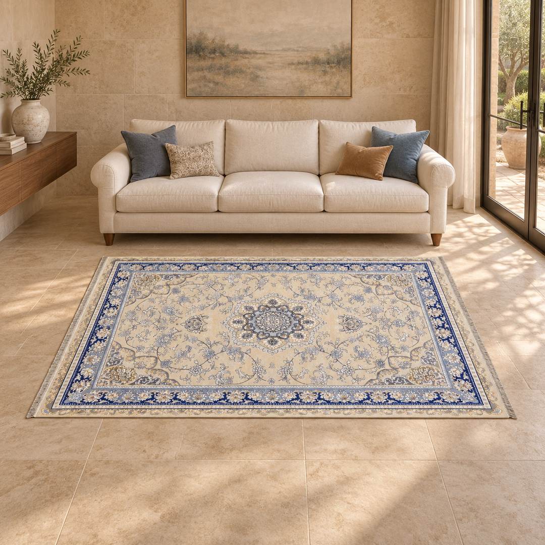 Wide Structure carpet in an AI-styled warm minimal room with revised scale and alignment; illustrative interior visualization. Refer to the original product photograph for rug details.